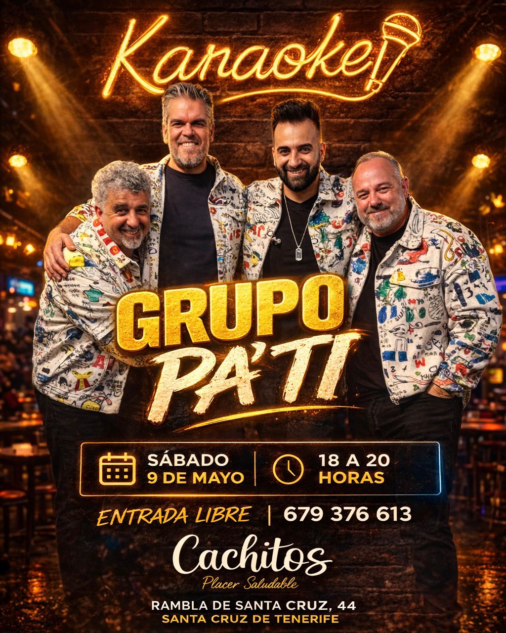 Cartel del karaoke con el grupo Pa'Ti del 9 de mayo
