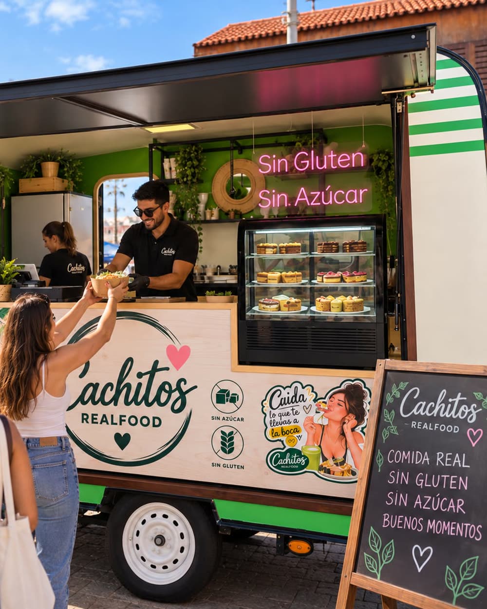 El camión de Cachitos en un festival, sirviendo a una clienta junto a la pizarra de comida real sin gluten y sin azúcar