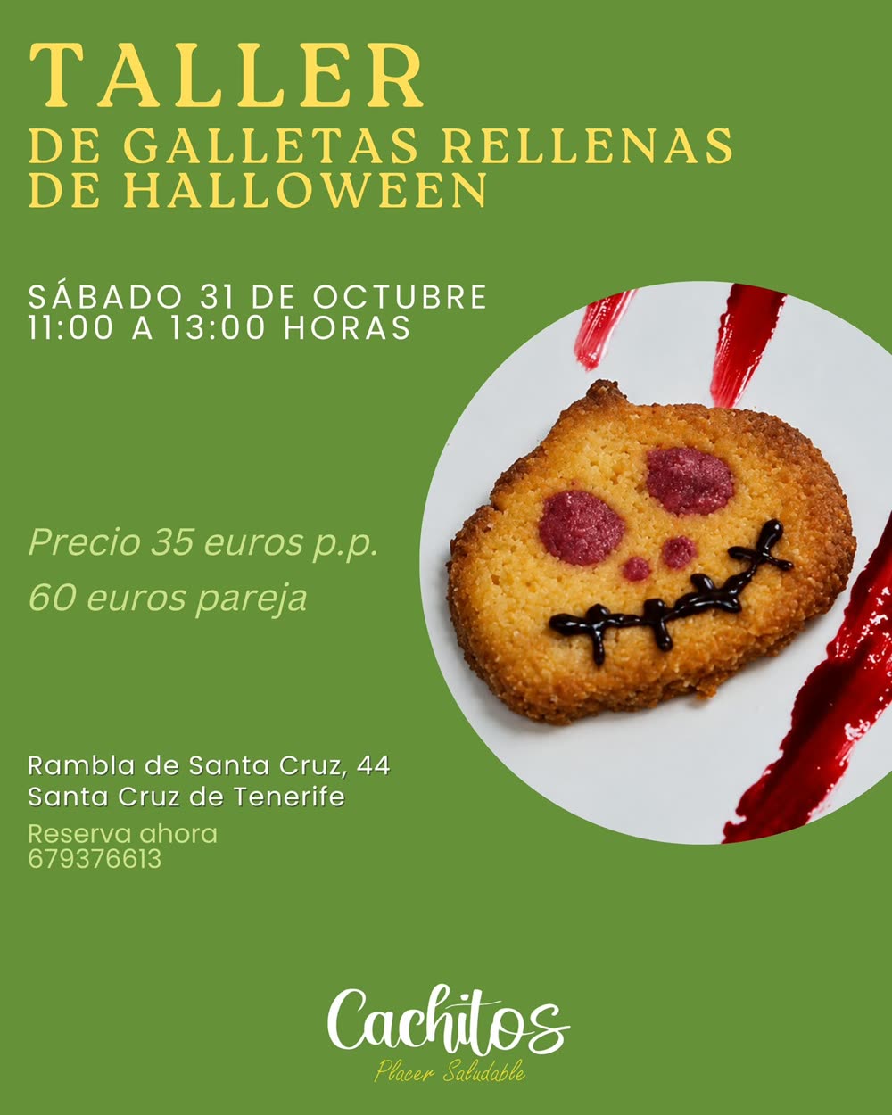 Poster for the Halloween filled cookie workshop, Saturday 31 October from 11:00 to 13:00 at Cachitos